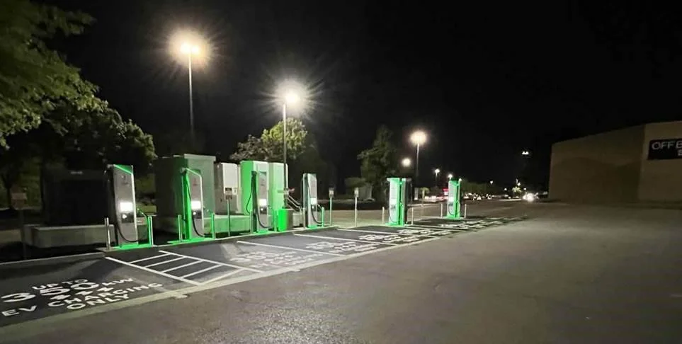 Electrify America fast chargers at Opry Mills in Nashville at night