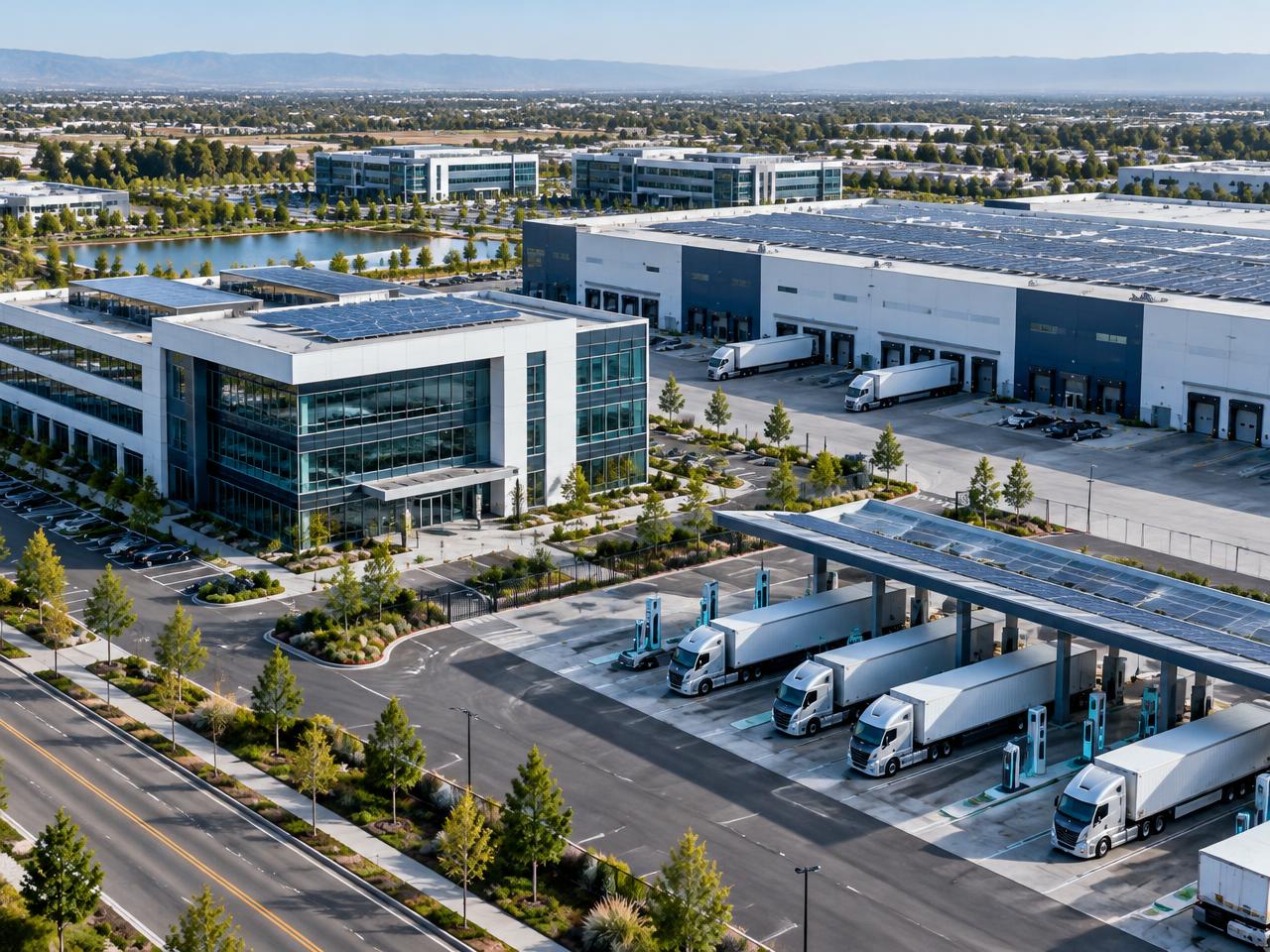Illustrative aerial view of a modern commercial real estate campus with rooftop solar and an electric semi truck charging depot