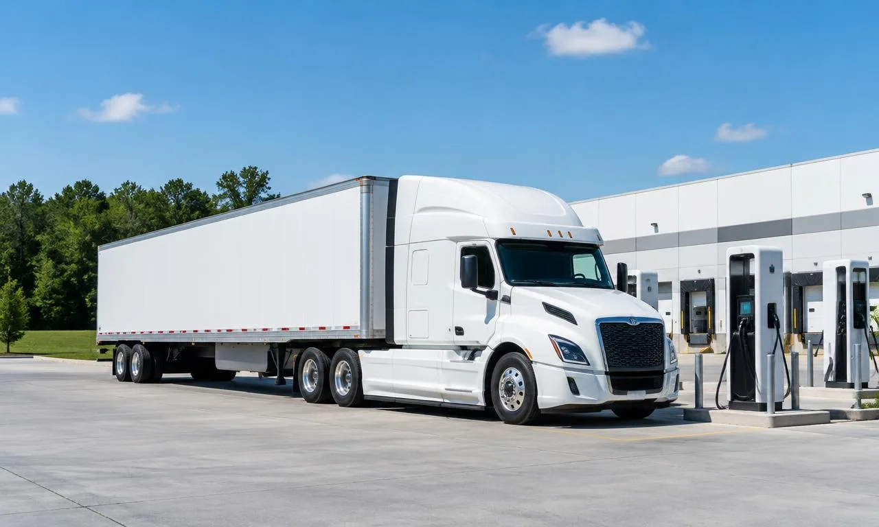 Semi truck beside commercial EV charging pedestals